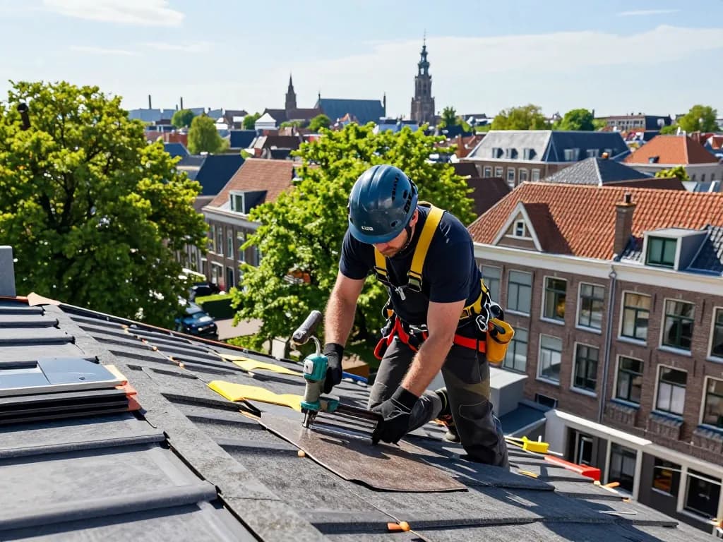 Expert dakdekker Utrecht repareert een residentieel dak met een uitzicht op de skyline van de stad, en toont vakmanschap en veiligheid.