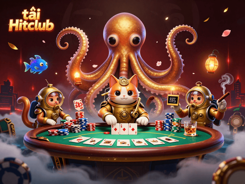 Experience exciting gameplay with tải Hitclub in a vibrant 3D casino scene featuring a kraken, diving cat, and poker elements.