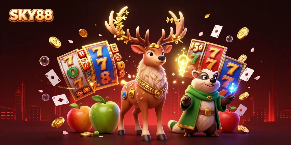 Experience exciting gameplay at SKY88 with vibrant slots, lucky 7s, and animated characters!