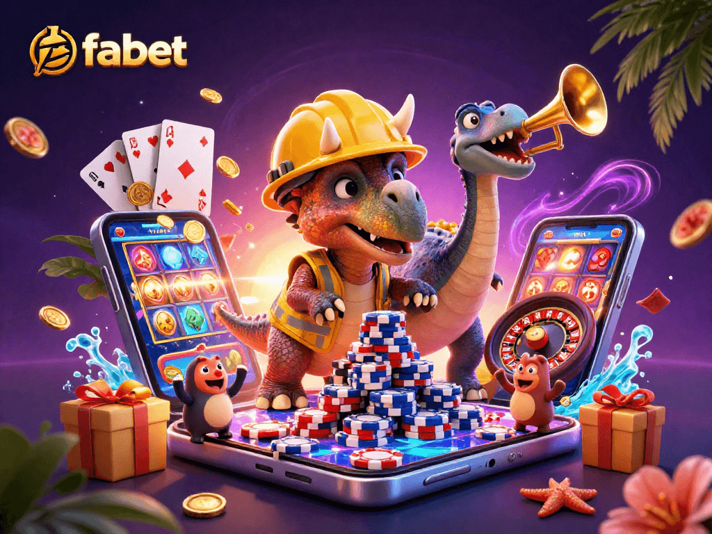 Fabet casino features vibrant gaming scene with dynamic characters celebrating wins.