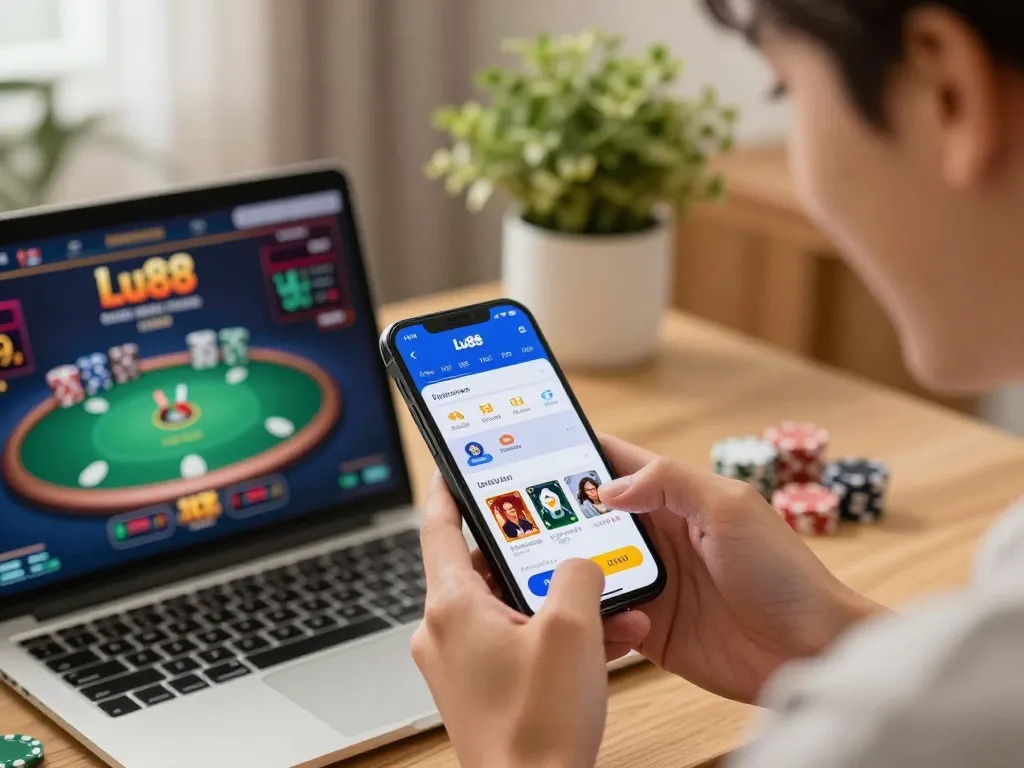 Engaging scene showing player using Link đăng ký Lu88 app on smartphone for online betting.