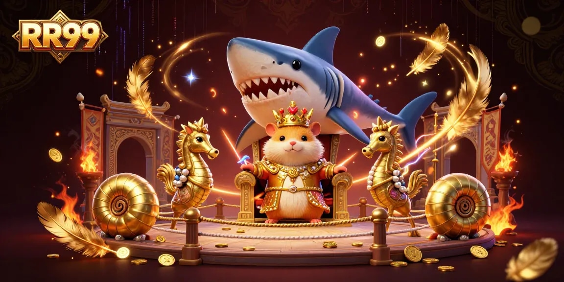 Experience exciting RR99 gaming with a fierce hamster king and seahorse guards in this vibrant 3D illustration.