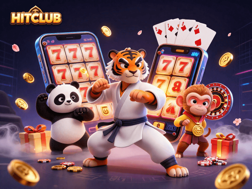 Experience the excitement at HITCLUB with a lively 3D illustration showcasing vibrant slot gaming elements.