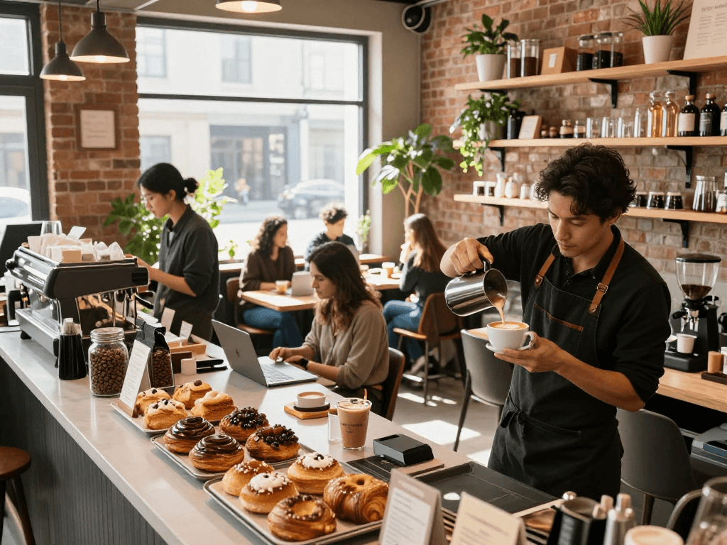 The lively rokok88 coffee shop scene with barista pouring latte art and fresh pastries in view, capturing vibrant café culture.