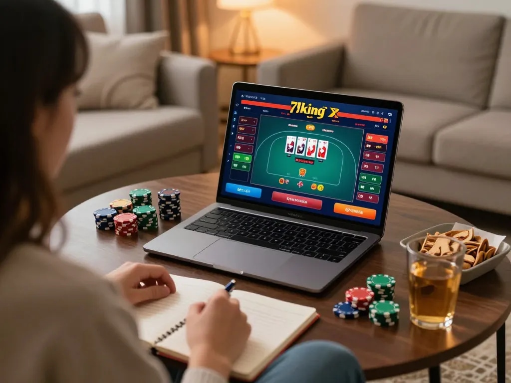Player engaging with live games on 79king online casino, capturing a cozy home gaming atmosphere.