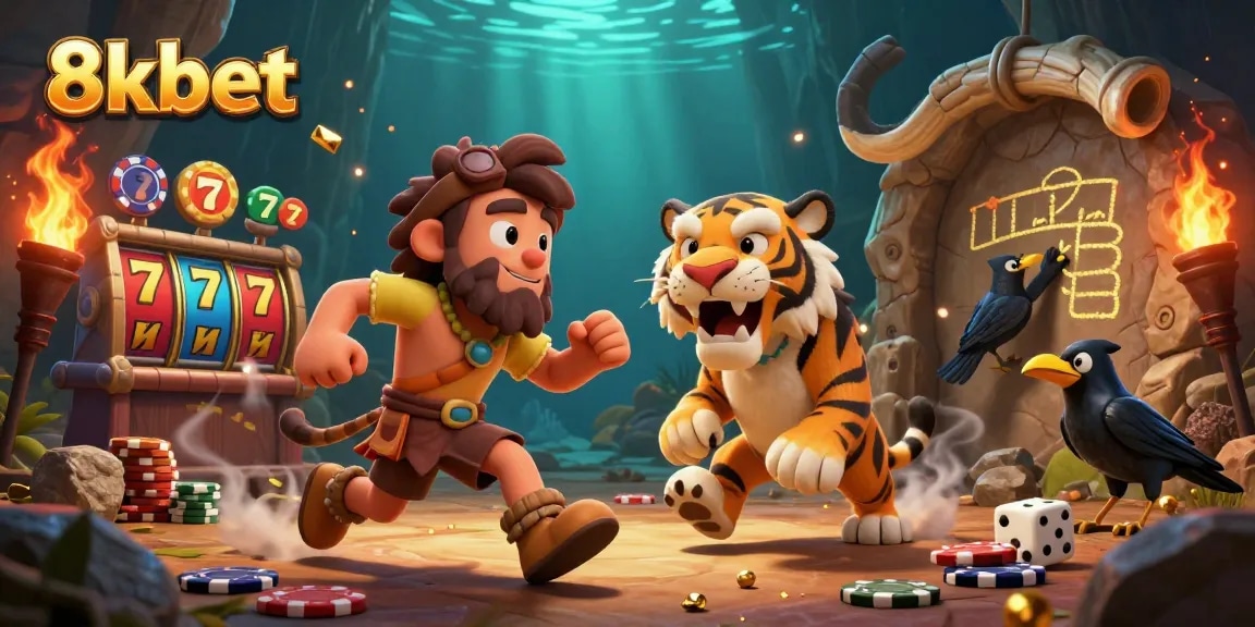 Experience thrilling gameplay at 8kbet with a lively casino scene featuring unique prehistoric elements.
