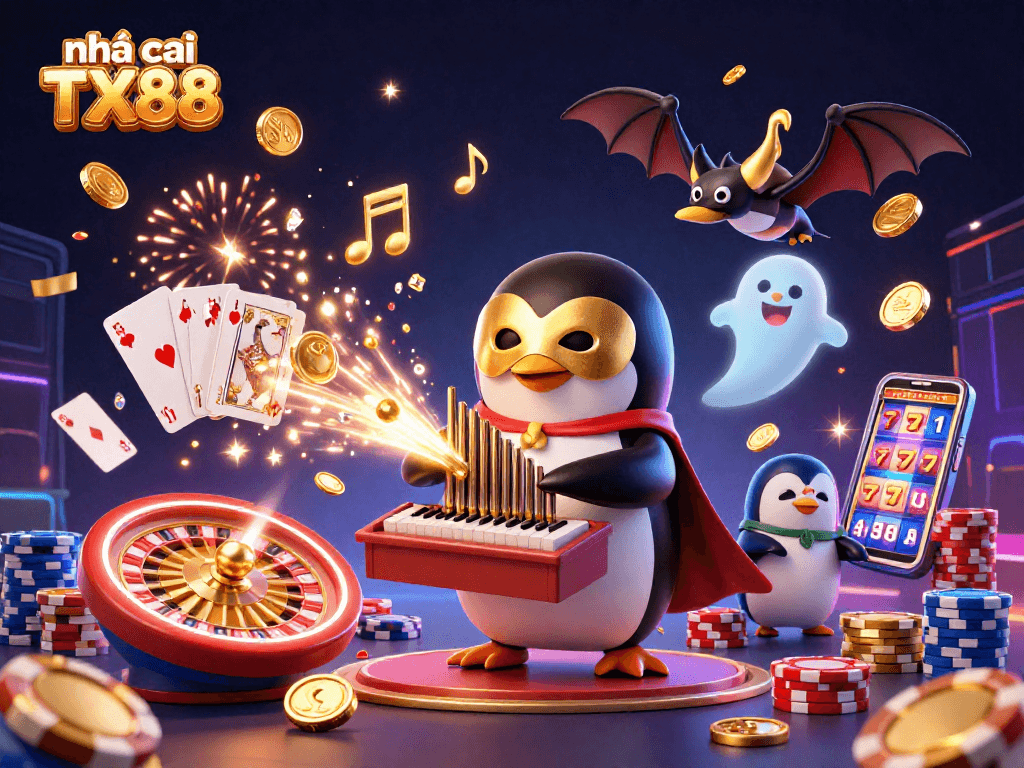 Experience gaming excitement at nhà cái TX88 with golden rewards and vibrant casino elements.