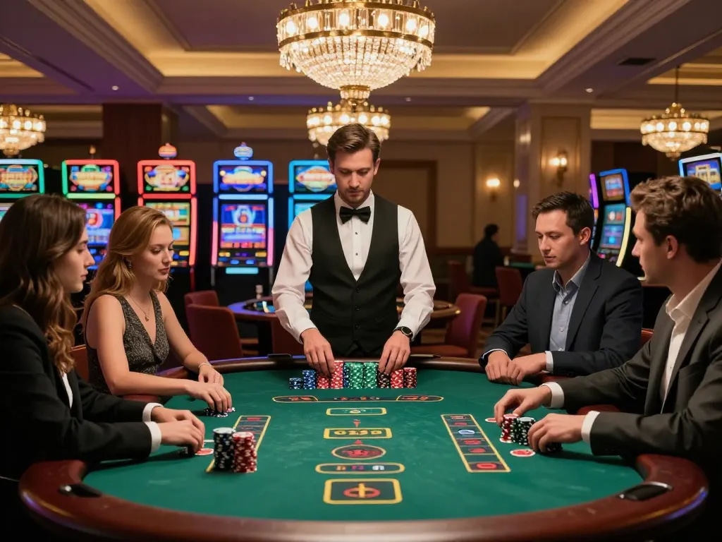 rik88 players engaged in a thrilling blackjack game at a luxurious casino table surrounded by vibrant slot machines
