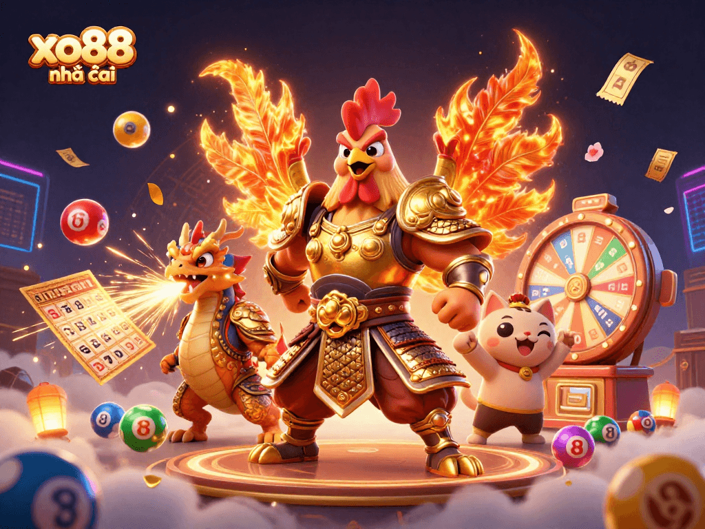Engage with xo88 nhà cái in this vibrant casino scene featuring a rooster warrior and dragon hatchling.