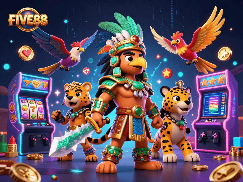 Join the excitement with FIVE88 as skilled Aztec warriors engage in vibrant casino gaming adventures.