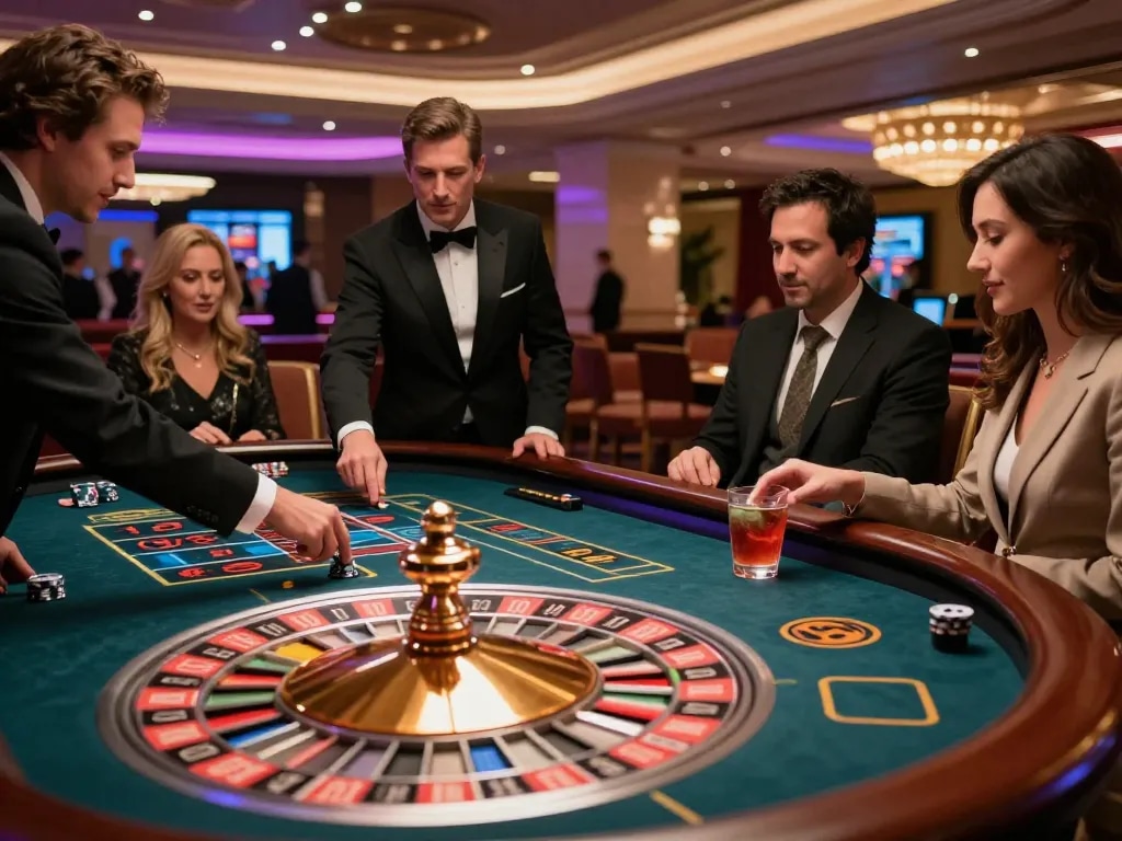 RIKBET players enjoying an exciting roulette game in a luxurious casino setting with vibrant ambiance.