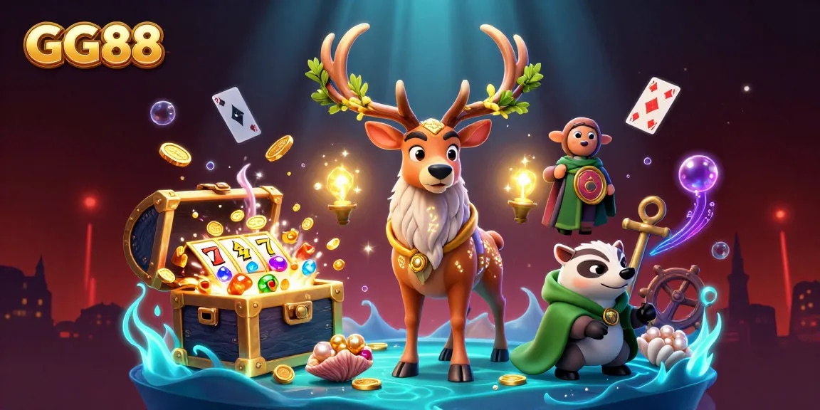 GG88 offers dynamic slots gameplay featuring a Celtic druid stag and magical elements.