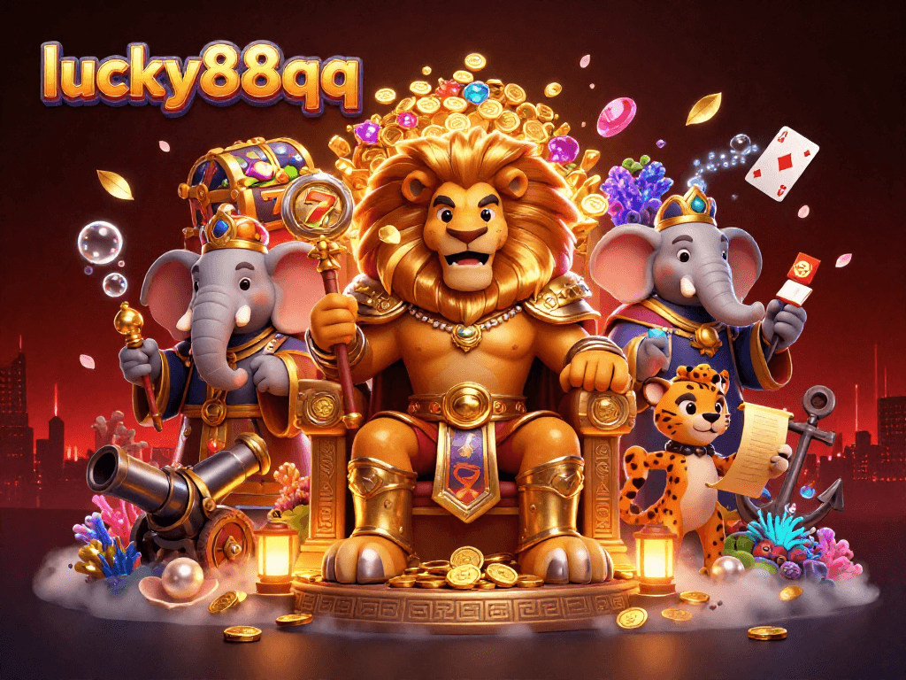 Engage with lucky88qq in a vibrant 3D illustration of a lion king, elephant advisor, and cheetah messenger in an exhilarating casino scene.