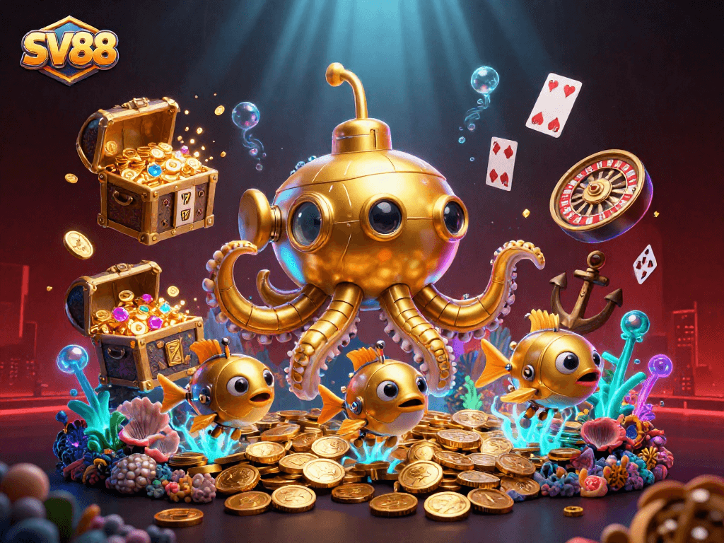 SV88 kraken submarine and mechanical fish revealing slot games and treasures in a vibrant underwater scene
