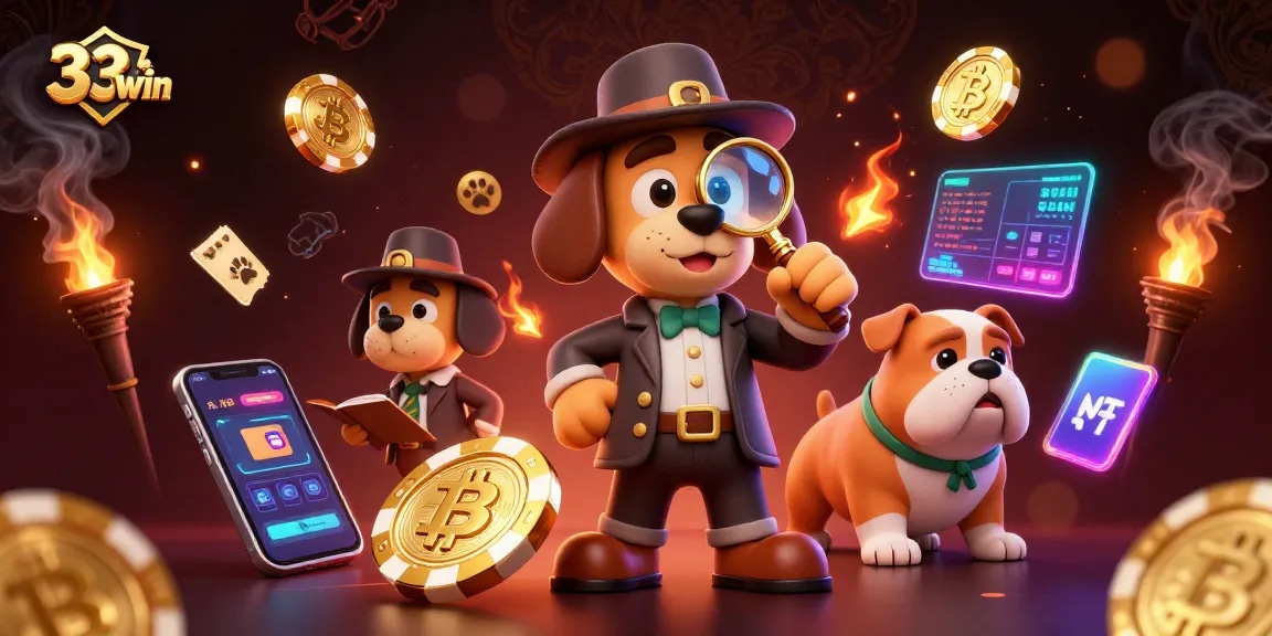 Engage with the excitement of 33win while a detective uncovers treasure clues in this vibrant illustration.