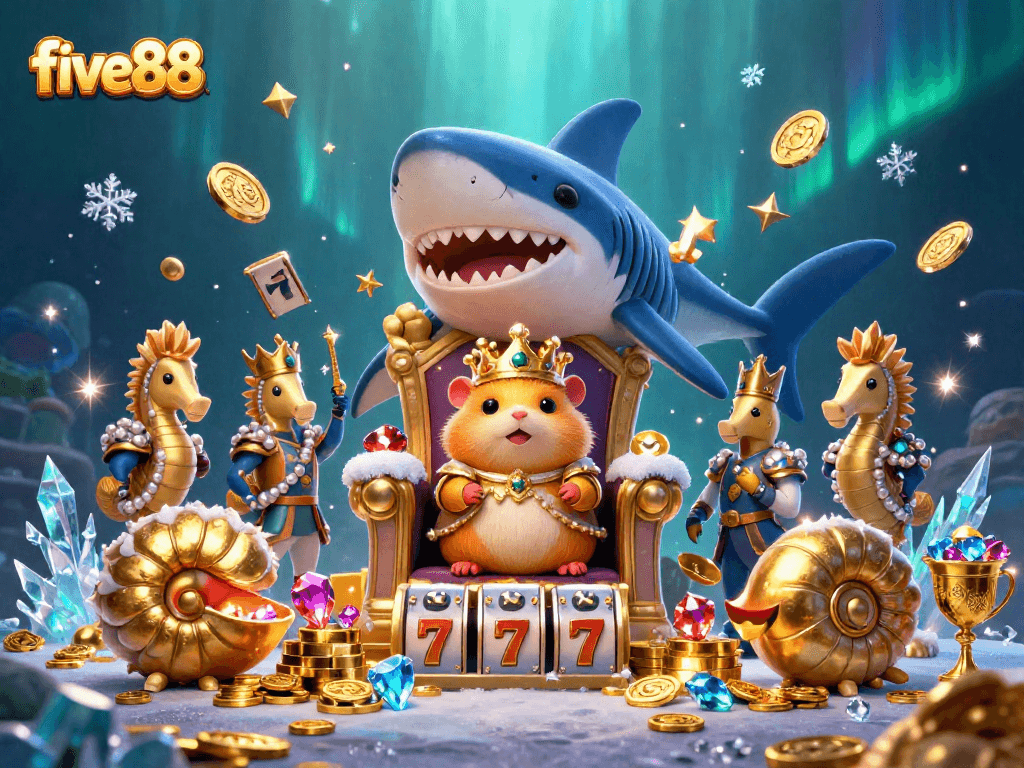 Experience the thrill of five88 with a hamster king on a shark throne amidst dazzling slot elements.