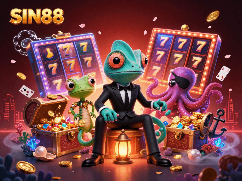 SIN88 showcases vibrant slot reels and characters in an engaging 3D casino illustration.