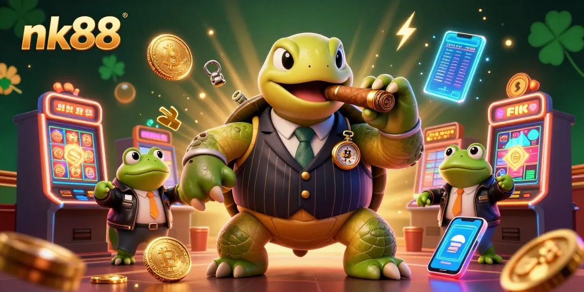 Experience thrilling jackpot excitement at nk88 with a lively casino scene featuring a snapping turtle and bullfrog enforcers.