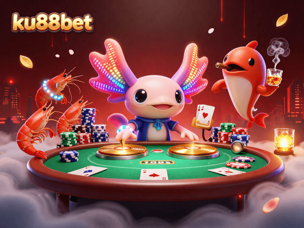 Experience the vibrant energy of ku88bet where a neon-colored axolotl DJ spins in a wild underwater casino scene.