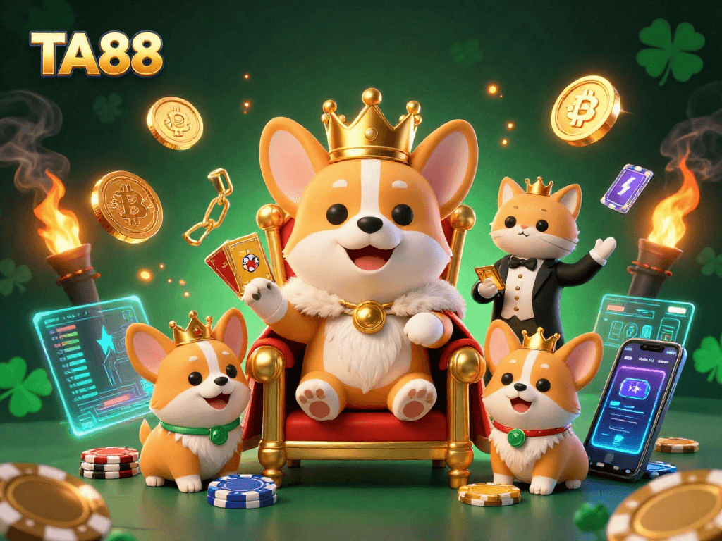 Join TA88's royal corgi in a vibrant 3D casino scene brimming with Bitcoin wealth.