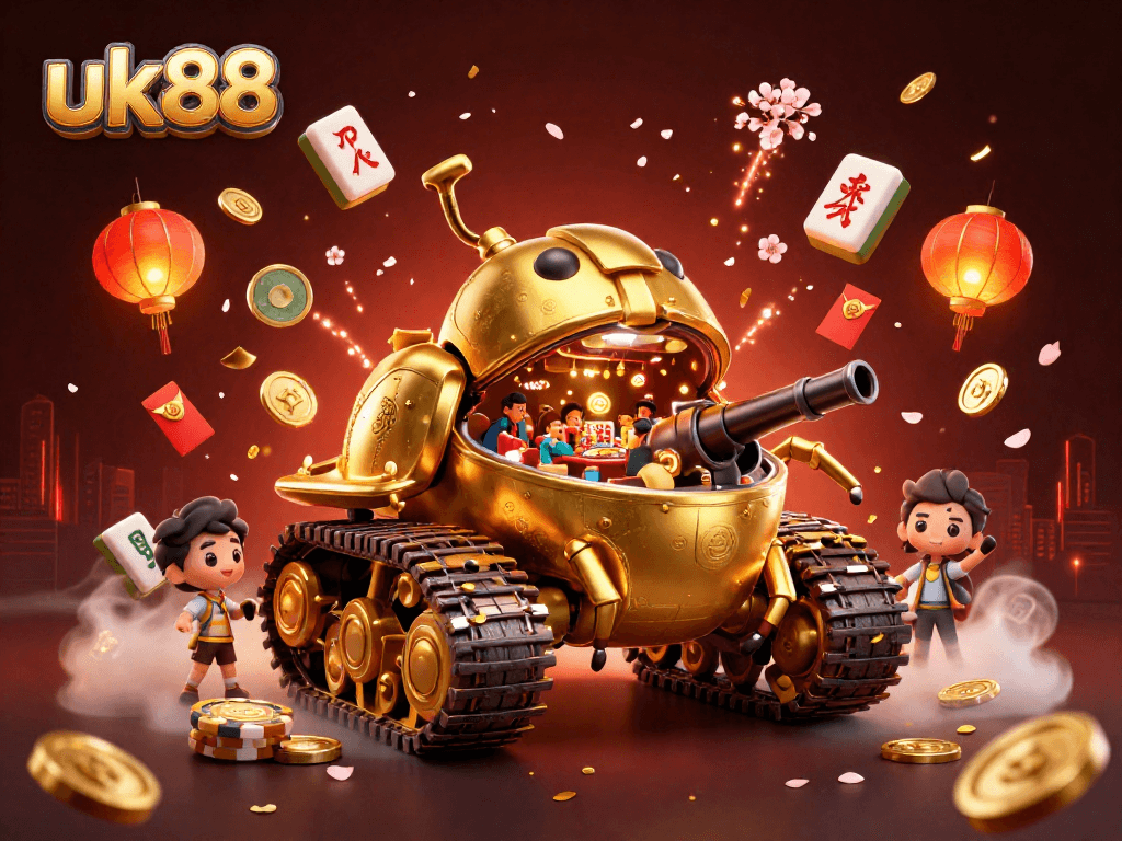 Experience the excitement of uk88's vibrant miniature casino within a golden beetle tank, bursting with game elements.