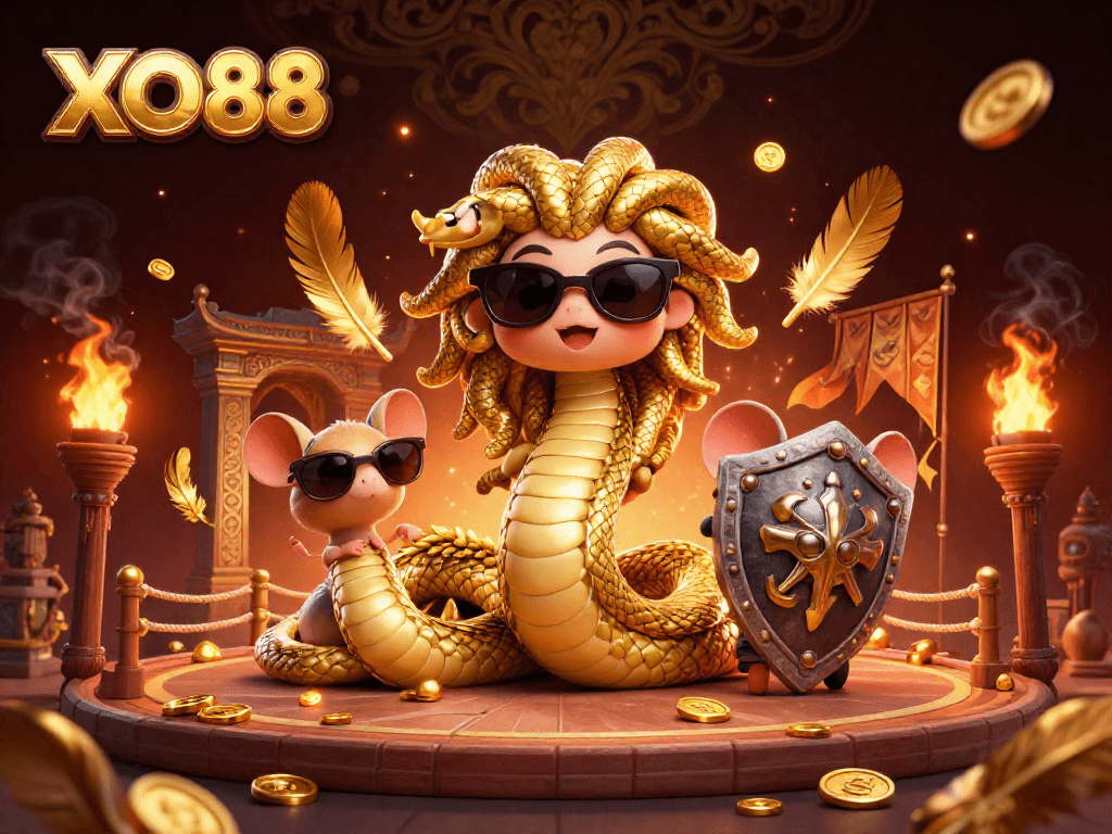 Experience the thrill of XO88 with a vibrant 3D scene of Medusa and a warrior mouse in an energetic gaming environment.