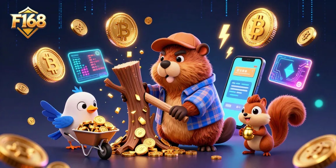 F168 entertains players with a dynamic scene featuring cartoon characters collecting coins in a vibrant casino setting.