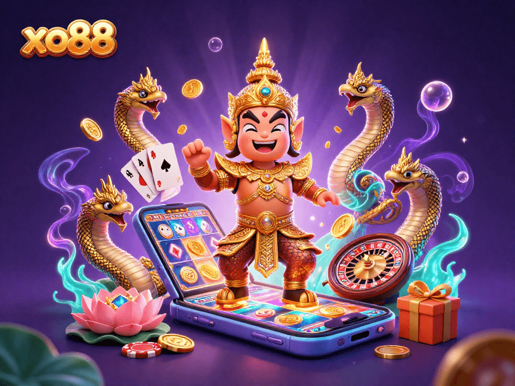 Experience the thrill of gaming at xo88 with an exciting illustration of a guardian, Naga companions, and casino games.