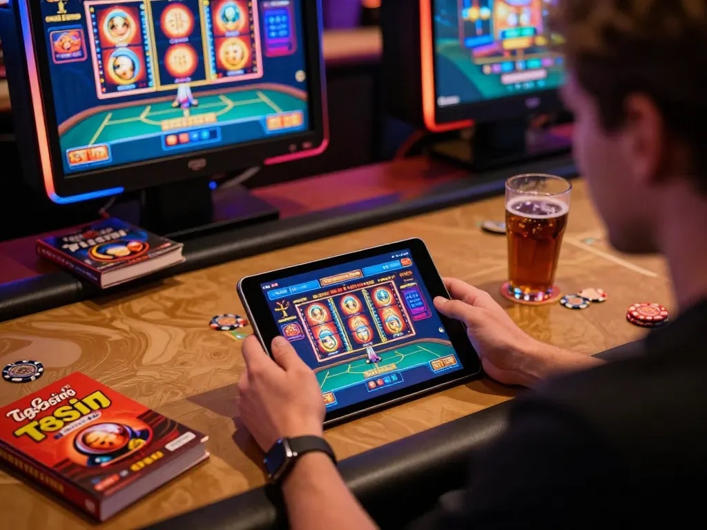 Engaging with the tg88 casino app on a tablet, showcasing vibrant online gaming.