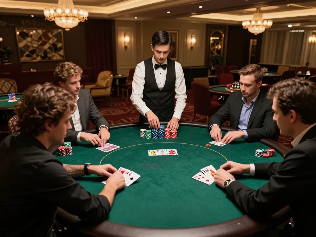 Players experiencing thrilling poker gameplay at Sunwin casino with vibrant atmosphere and focused intensity