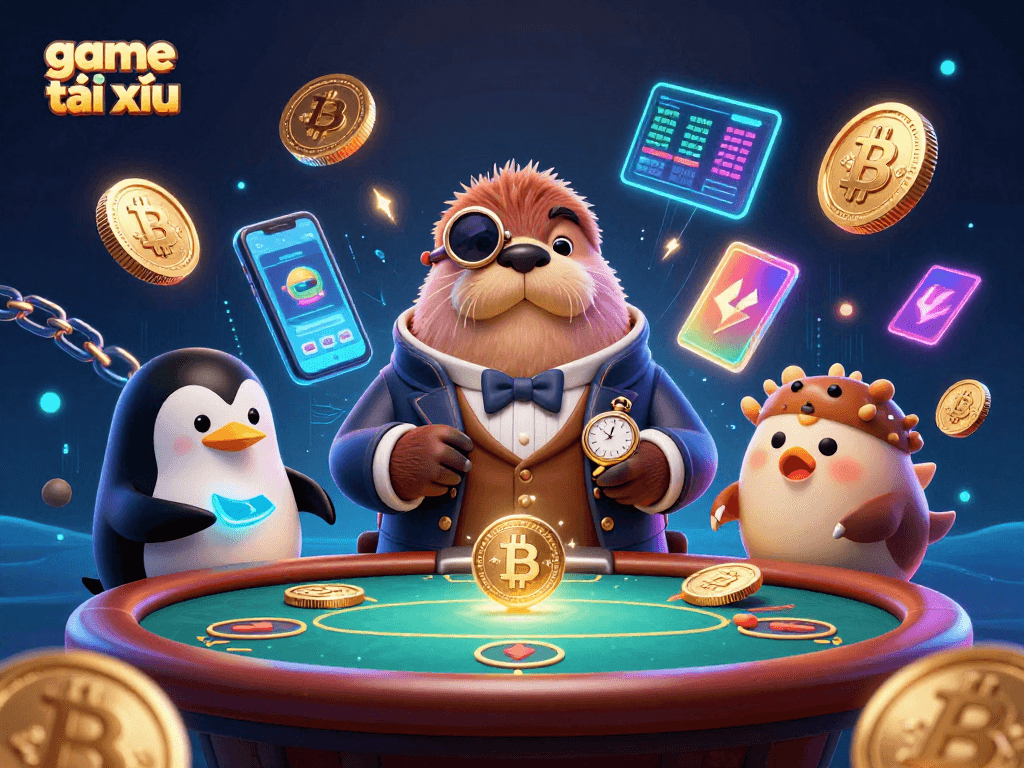 Play game tài xỉu with a cartoon walrus and penguin dealer at an underwater table.