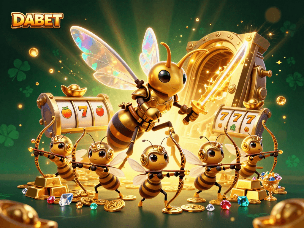 DABET offers thrilling jackpots with slots featuring lucky 7s and vibrant fruit symbols in a rich casino scene.