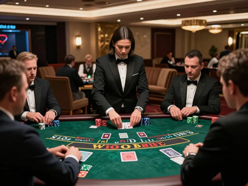 Play blackjack at VaoBet's live dealer table, with engaged players and an expert dealer