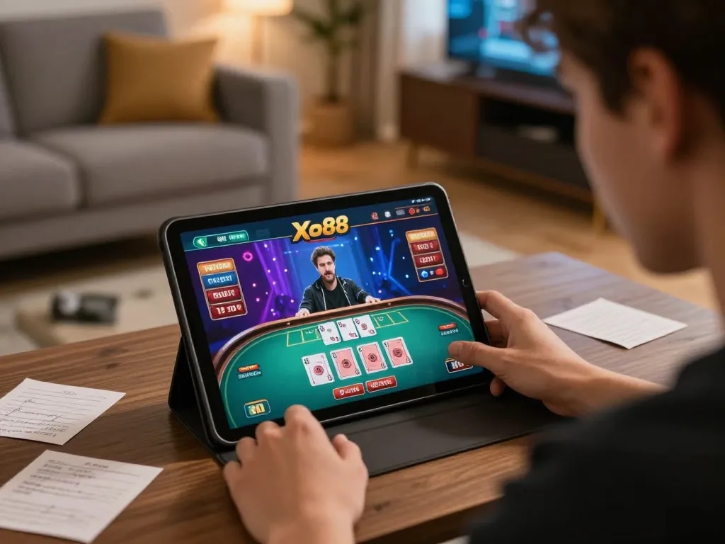 Engaging online gaming moment showcasing a player using the Link đăng ký Xo88 to participate in a live dealer game on tablet