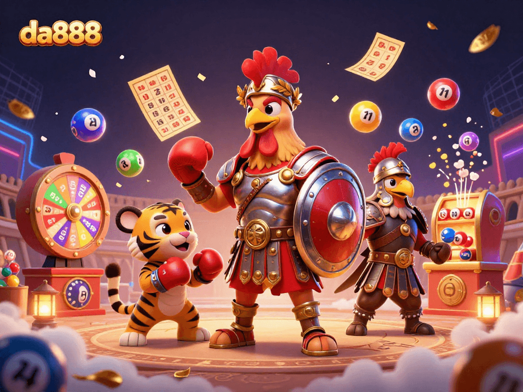 Engage with da888's exciting lottery scene featuring a gladiator rooster and vibrant game elements.