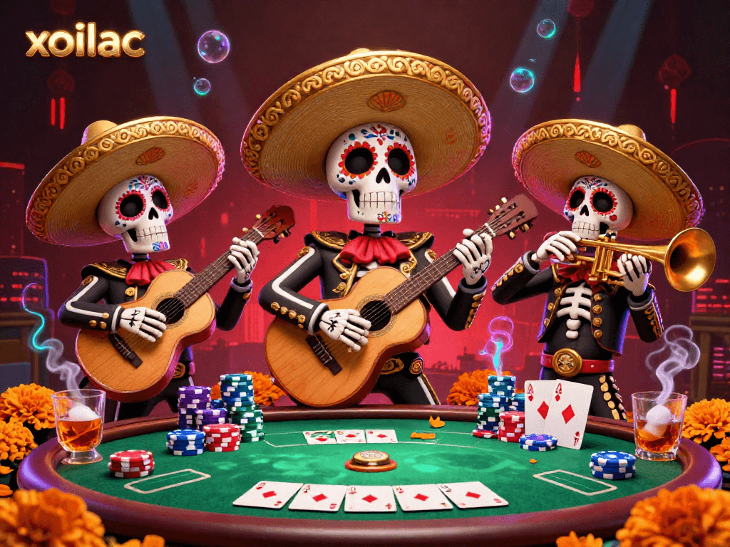 Join the vibrant celebration of xoilac with colorful skeleton mariachi musicians amidst a lively poker scene.