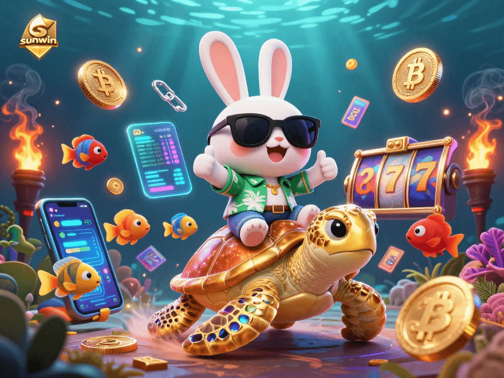 Experience thrilling wins with the sunwin lucky rabbit and golden turtle in a vibrant casino scene.