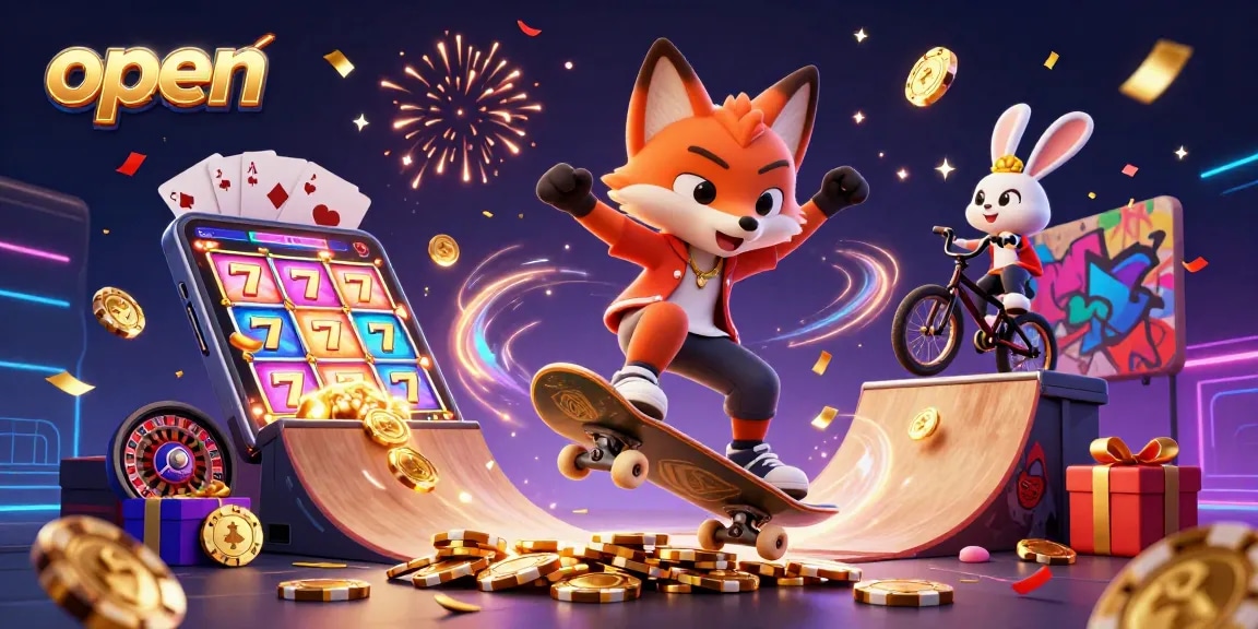 Experience the thrill of open gaming with vibrant casino elements, featuring a fox and rabbit in action.