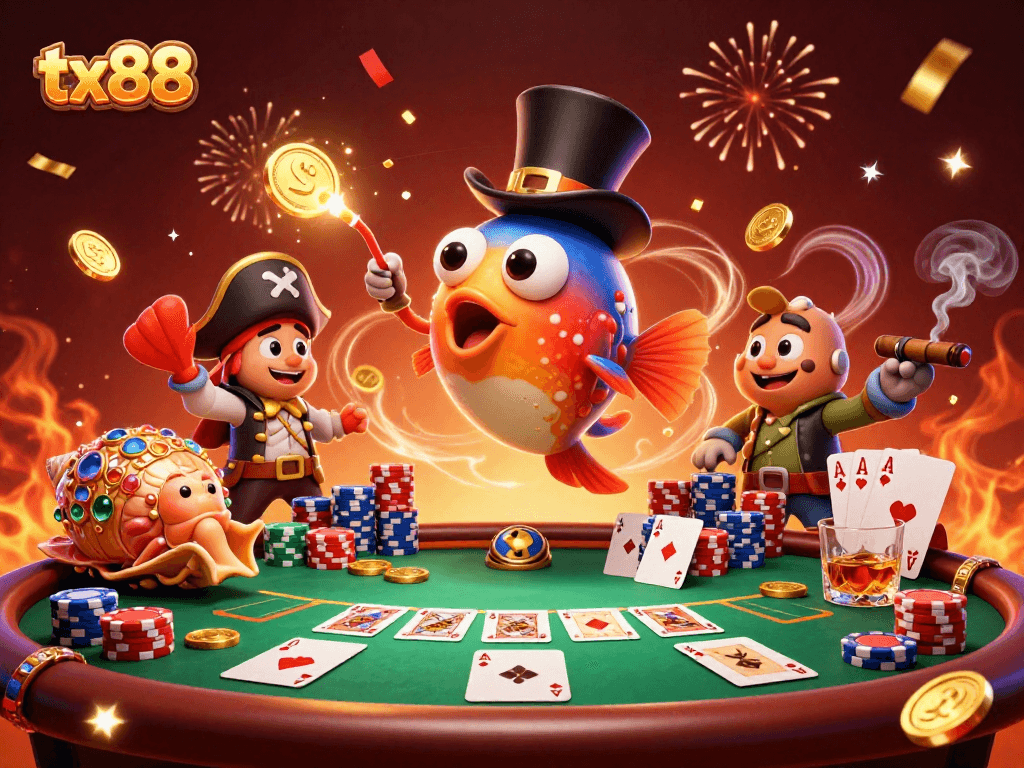 Engage with tx88's casino scene featuring anglerfish and treasure elements, highlighting poker excitement.