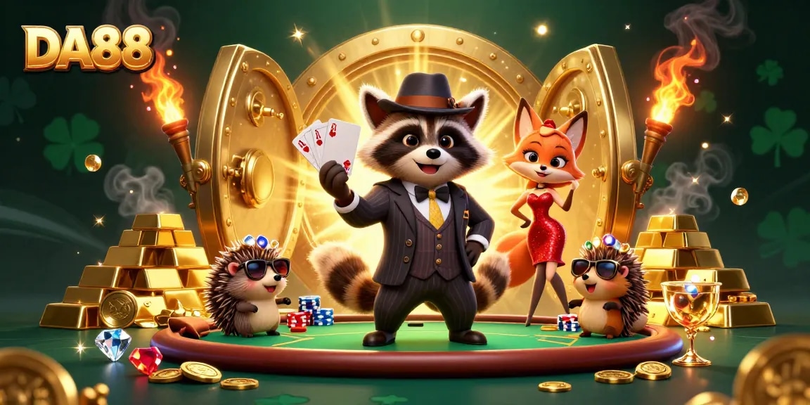 Experience thrilling poker action with DA88 as raccoon, fox, and hedgehog bring casino to life.