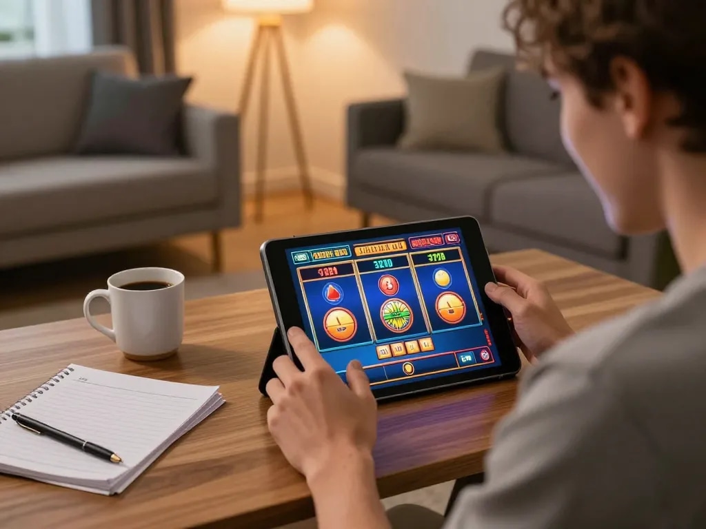 Engaging with ta88 online slots game on a tablet, highlighting strategic gameplay in a cozy home