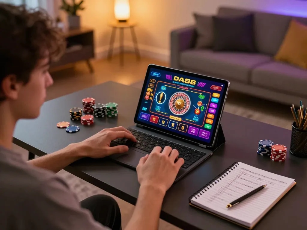 Player enjoying DA88's online casino experience with tablet showing live roulette game