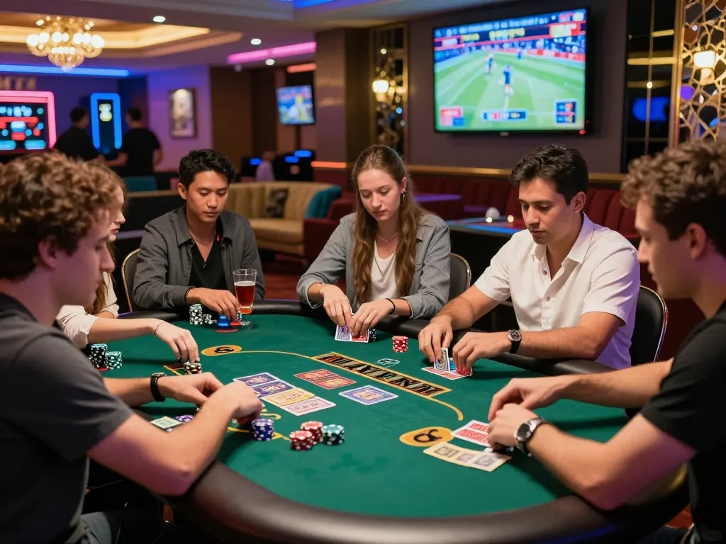 Group of friends enjoying Link nhà cái Lucky88 at a vibrant casino table, showcasing competitive gaming and lively atmosphere.
