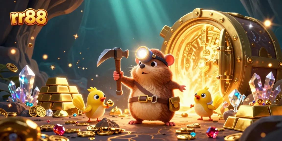rr88 players enjoying a vibrant treasure hunting adventure with gold gems in this thrilling illustration