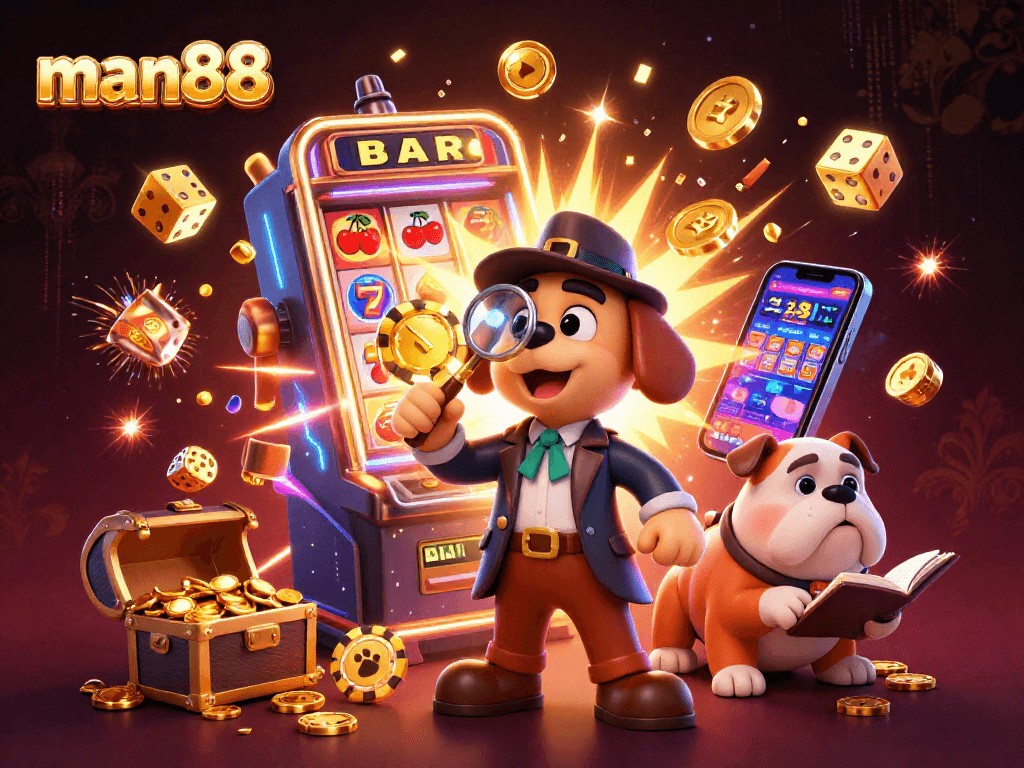 Experience thrilling wins at man88 with a cartoon detective exploring poker clues amidst casino treasures.