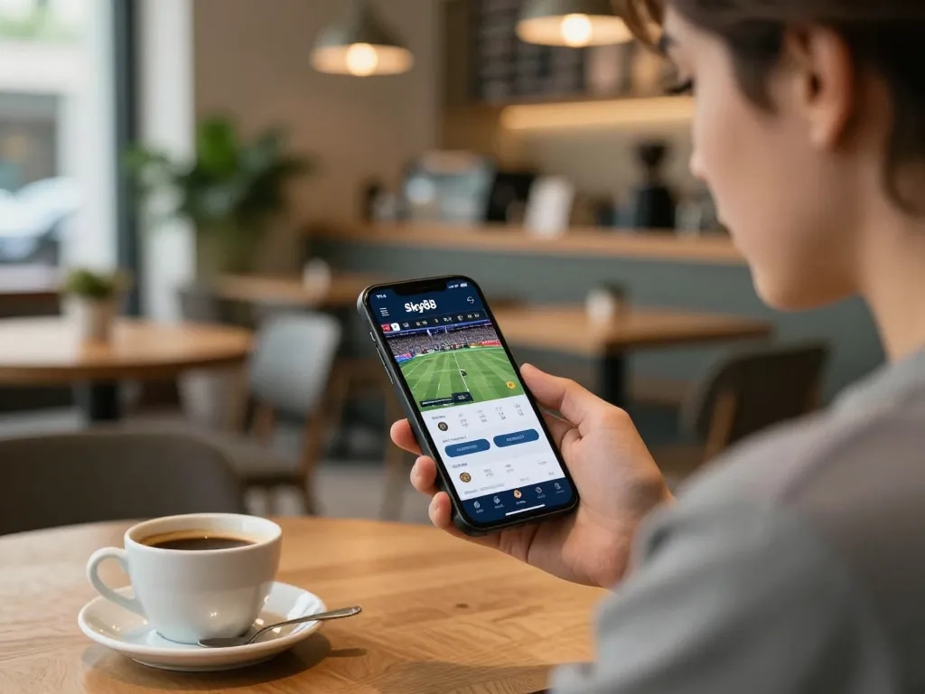 Utilizing Sky88 sports betting platform to manage bets and view odds on a smartphone in a casual setting
