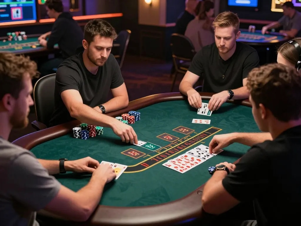 rikvip players placing bets during an exciting blackjack game in a vibrant online casino