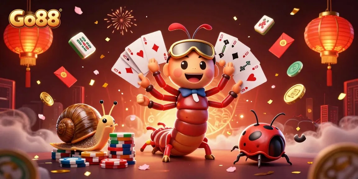 Play exciting games at Go88 with a lively illustration featuring a millipede dealer and rich casino elements.