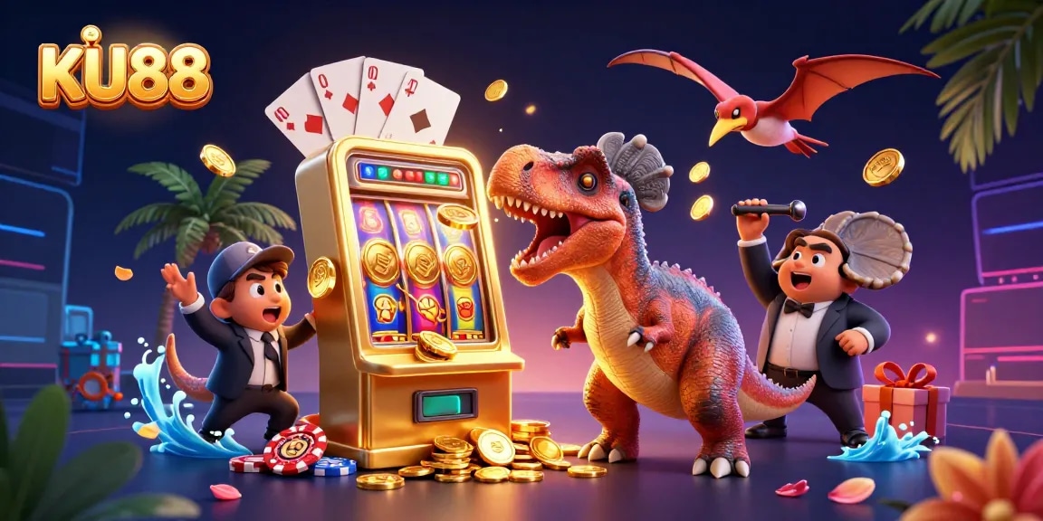 KU88 jackpot scene with cartoon dinosaurs, slot machine, and flying coins