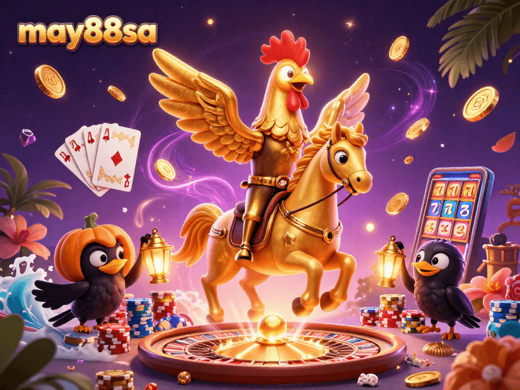 Experience may88sa's thrilling midnight casino with golden rooster and rich gaming visuals.